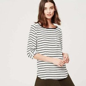 Loft M Women's Black Ivory White Striped Pocket Long Sleeve Tunic Top Blouse